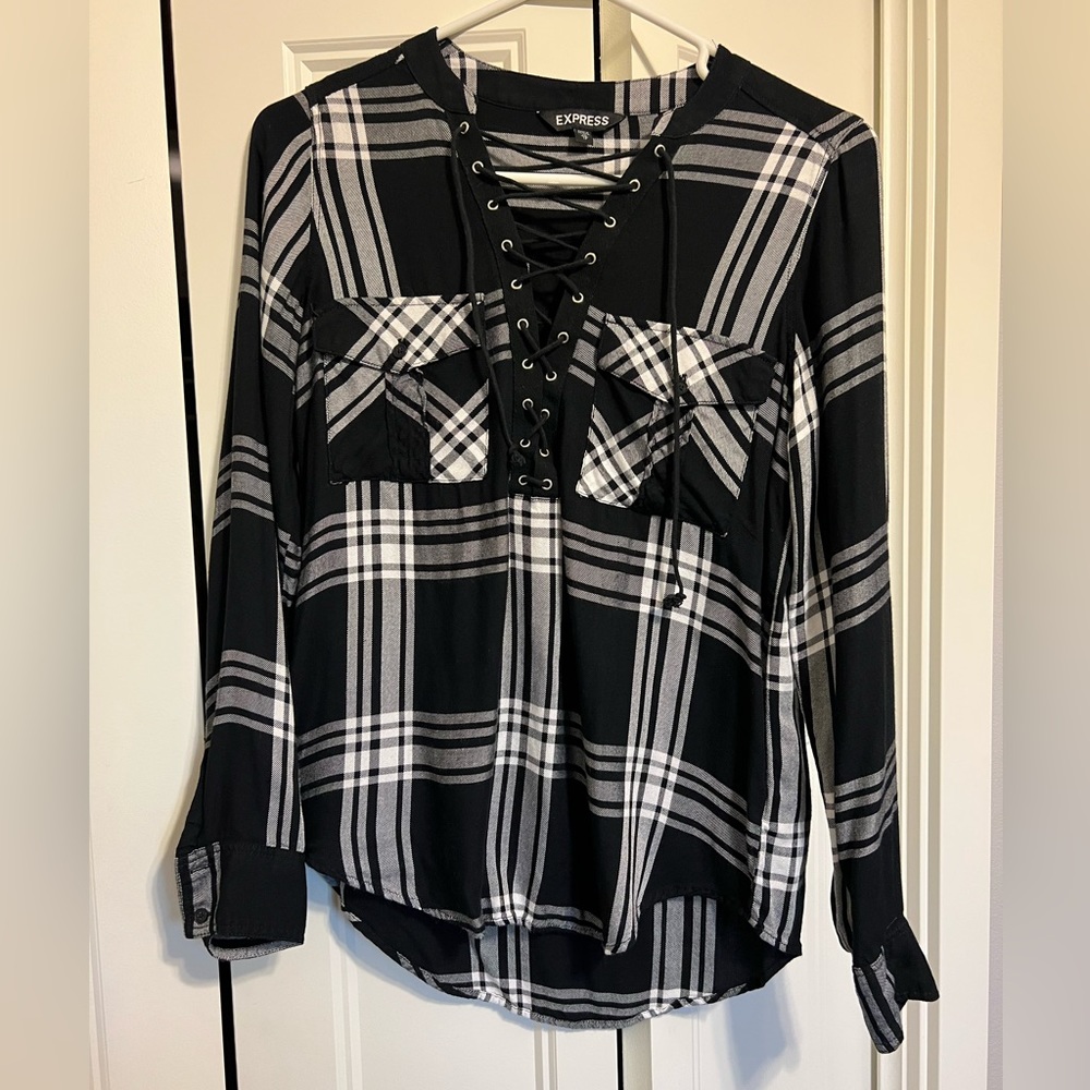 Express Plaid Top with lace up detail